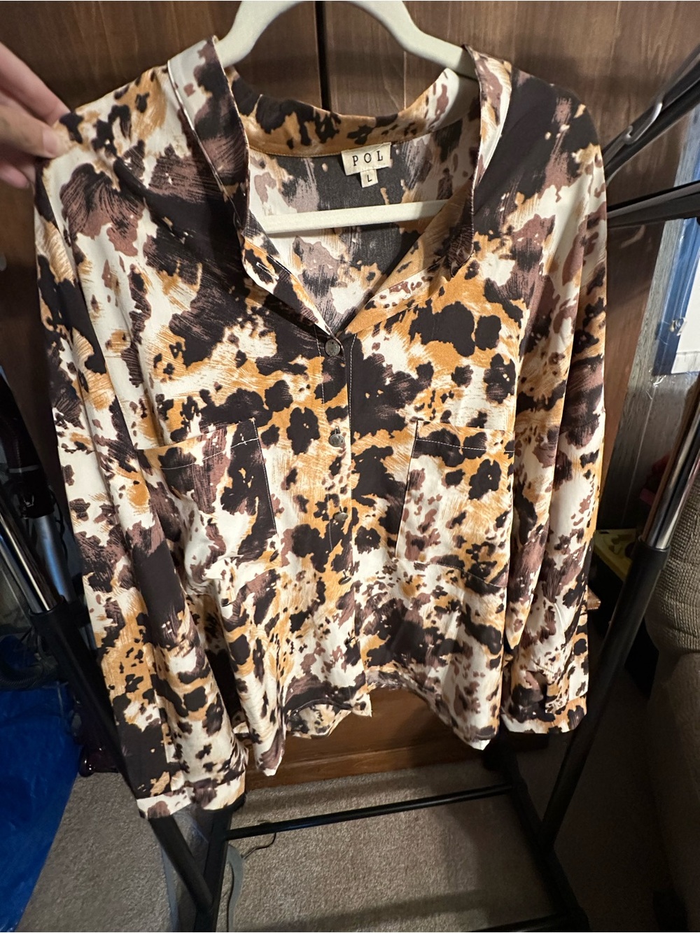 POL Abstract Cowhide Print Button-Up Blouse in Cream, Brown & Tan